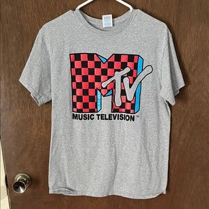 MTV Gray Tee with Red Checker & Blue Accents